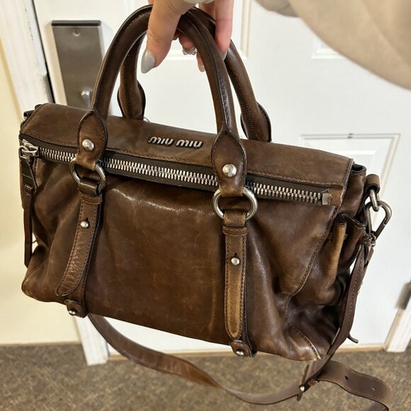 Miu Miu Brown Leather Satchel Shoulder Bag – Vintage Designer Handbag - Picture 1 of 5